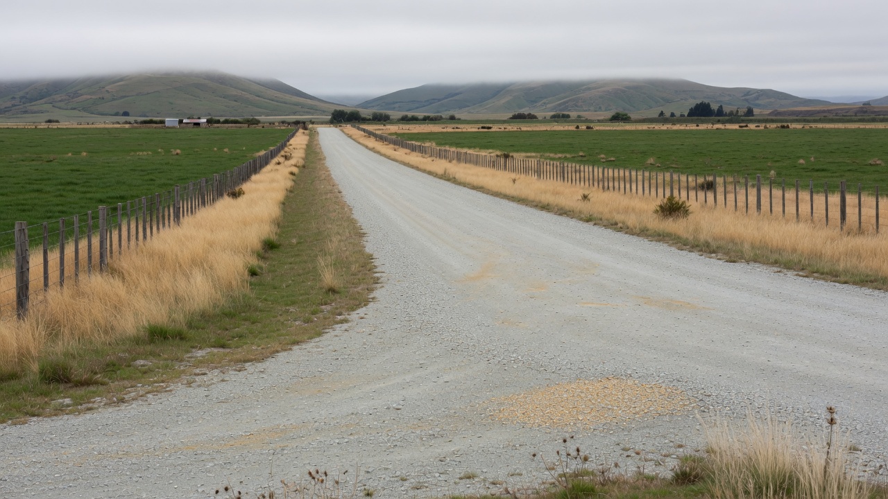 A straight gravel road between two fenced paddocks running toward low hills under grey cloud