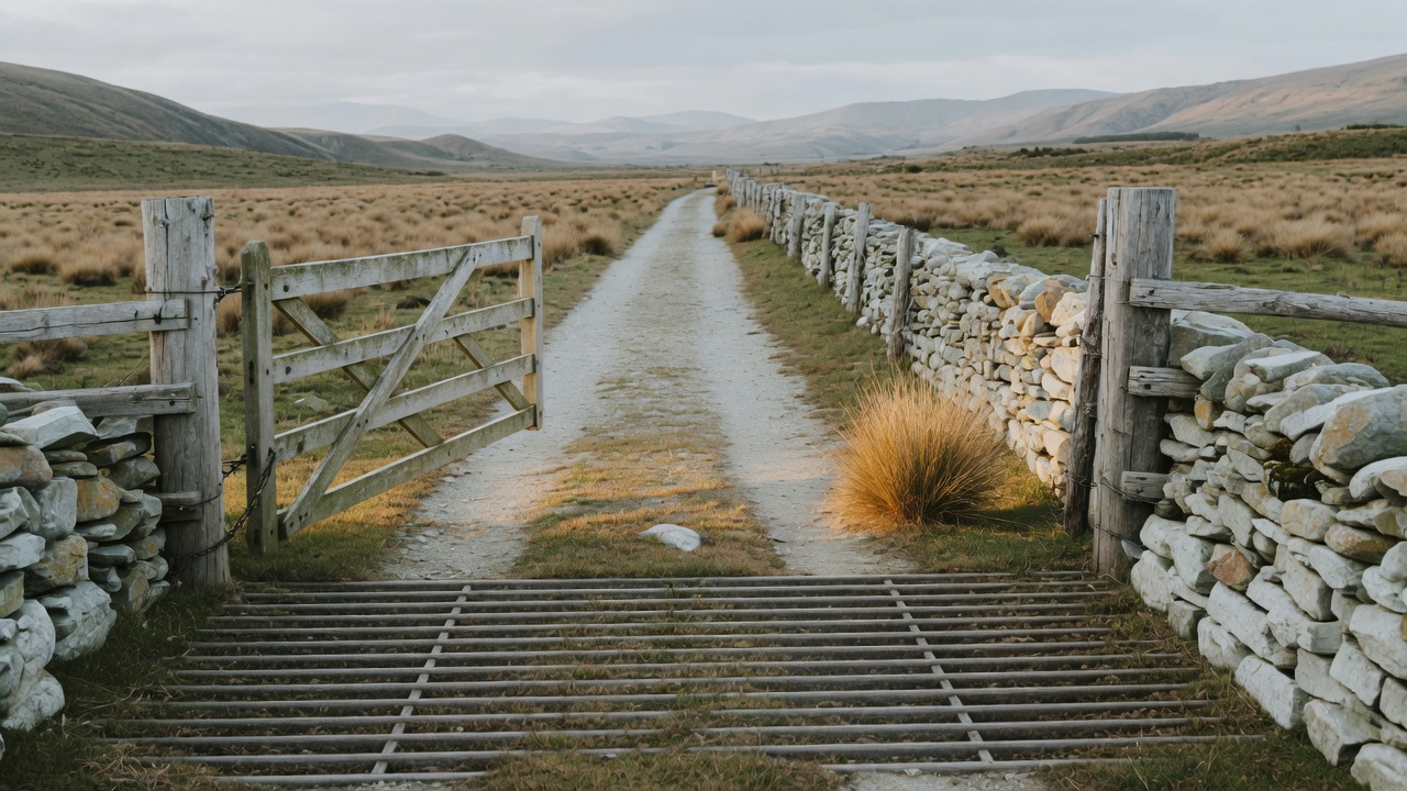 A farm gate standing open beside a cattle stop in a dry stone boundary wall, a gravel track running away through tussock country toward distant hills