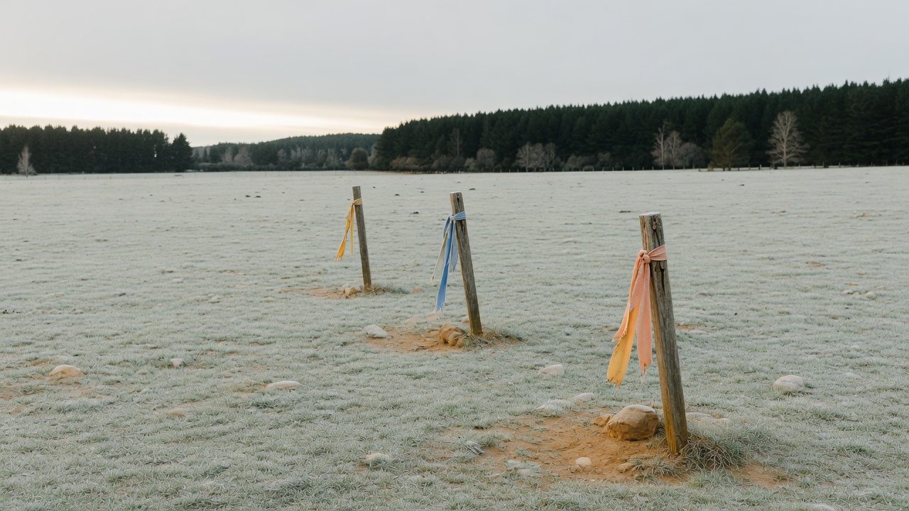 Three wooden survey pegs with faded ribbons standing in a frosted paddock, a dark shelterbelt behind them under a pale dawn sky